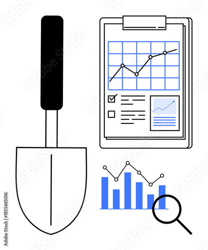 Business analytics, research, growth measurement, technology innovation, data mining, reporting processes. Chart with graphs, reports magnifying glass and shovel. Business analytics and research