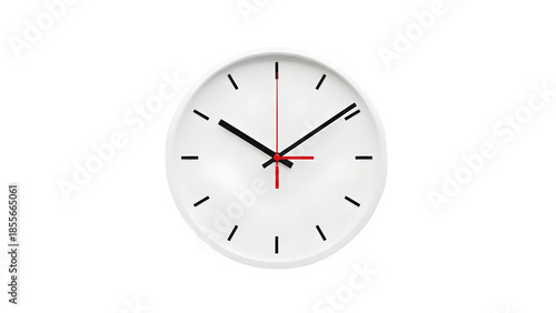 Minimalist White Wall Clock with Red Second Hand Isolated on White Background