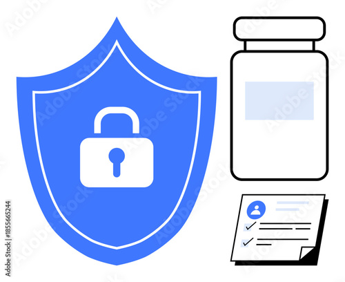 Shield with padlock, medicine bottle, and completed document highlight data protection, medical safety, trust, privacy, compliance, healthcare management and patient confidentiality. A simple flat