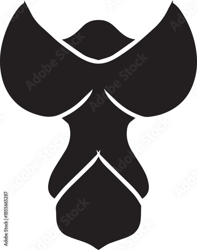 Abstract black heraldic crest with symmetrical stylized wings and shield-like form, a minimalist design element for logos and branding