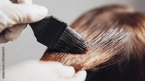 Close-up of hair dye application on brown hair in a salon setting