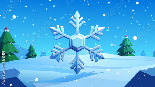 A large, detailed blue snowflake stands prominently in a serene winter wonderland landscape under a clear blue sky with gentle snowfall.