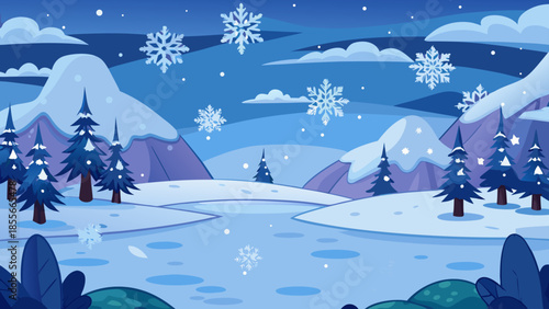 A picturesque winter landscape features snow-capped mountains, a frozen lake, and evergreen trees under a dark blue sky with falling snowflakes.