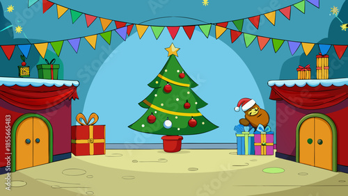 A beautifully decorated Christmas tree stands grandly in a festive indoor setting surrounded by colorful gifts and a cute sloth wearing a Santa hat.