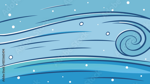 Abstract blue illustration depicting dynamic winter wind and swirling snow, characterized by elegant wavy lines and scattered white dots on a serene background.