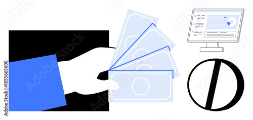 Digital payments, fintech innovation, online transactions, banking systems, financial analytics, cash management. Hand holding money, monitor showing financial data. Digital payments and fintech