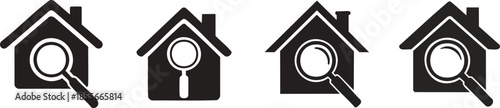 Home Buying Process Silhouette. Four black house icons with magnifying glasses, symbolizing search or inspection related to homes or real estate.