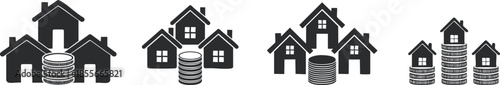 Property Investment and Real Estate Growth Silhouette. A set of icons illustrating real estate investment, depicting houses and stacks of coins, symbolizing financial growth and property assets.