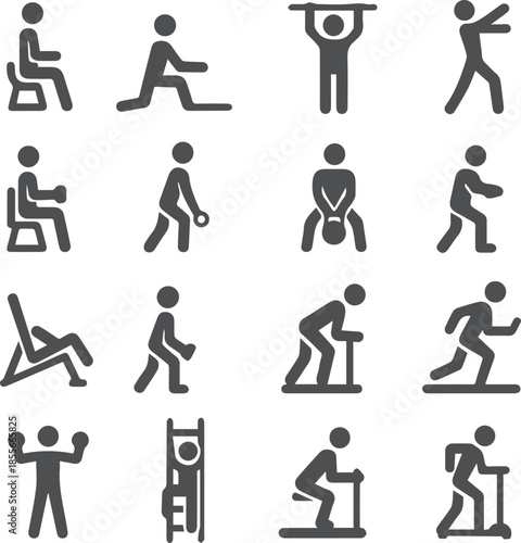 Fitness and Gym Exercise Stick Figure Icons Set