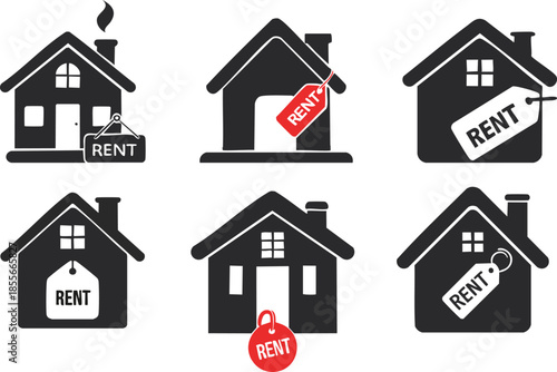 Rental and Leasing Property Silhouette. A collection of stylized house icons featuring "Rent" tags, representing rental properties and housing options.