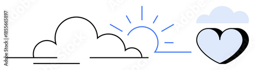 Love, hope, well-being, nature, weather, minimalism. A heart, sun and overlapping clouds in a clean abstract composition. Love and hope through nature and wellness concepts