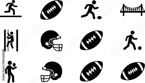 American football icons set, players balls helmets and stadium symbols, black vector illustration for sports UI, training graphics, game design branding