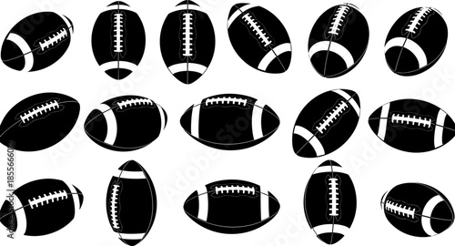 American football ball silhouettes vector illustration set, rugby style sports balls in multiple angles, black icon collection for game, training, branding designAmerican football ball 