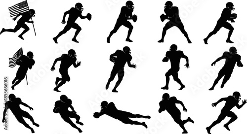 American football player silhouette vector set, dynamic running throwing catching poses illustration, black and white sports action collection for training graphics branding