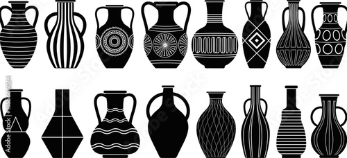 Ancient ceramic vase silhouette vector set, classic pottery shapes collection, black decorative amphora urn designs, historical art illustration