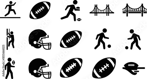 American football icons vector collection, players balls helmets and stadium elements, black sports pictogram illustration set for game, league, athletic design projects
