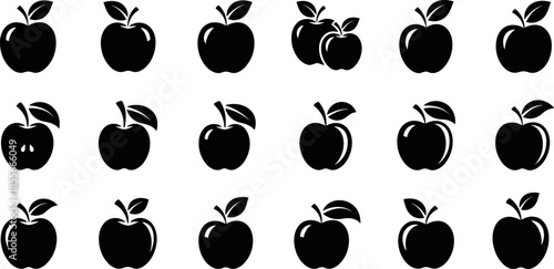Apple silhouette vector set with fresh fruit icons, black minimal apple shapes, healthy food illustration, isolated design elements for packaging, branding, print projects