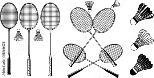 Badminton racket and shuttlecock illustrations set, sports equipment collection with crossed rackets, black vector line art for training, tournament, fitness design