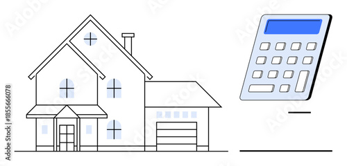 Real estate, finance, homeownership, budget planning, property investment, mortgage calculation. A house outline beside a calculator. Real estate and finance concept