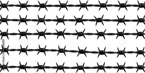 Barbed wire silhouettes vector illustration set, seamless sharp fence lines and security borders, black industrial design elements for warning, military, protection graphics