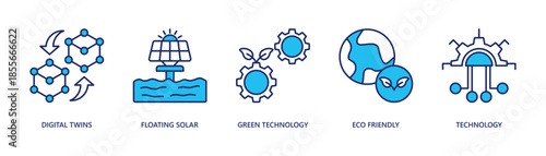 digital renewable energy and green technology solutions web banner icon vector illustration with digital twins, floating solar, green technology, eco friendly, technology