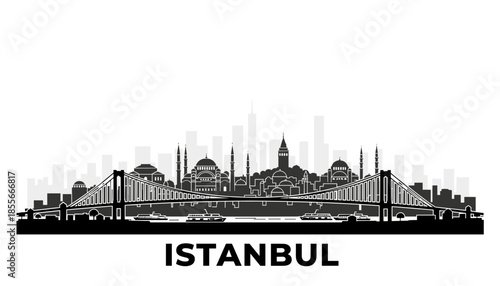 A black and white silhouette of the Istanbul skyline, featuring iconic bridges and mosques, with the city name below.