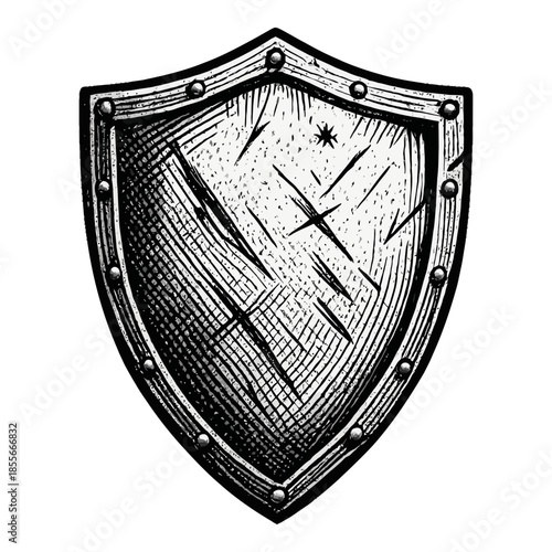 Vintage battle-worn shield with star and rivets on white background.