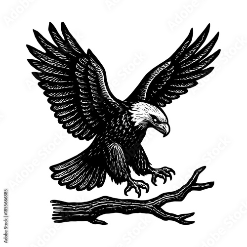 Hand-drawn eagle in flight with outstretched wings landing on branch.