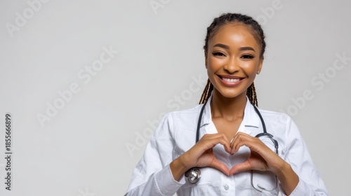 Portrait of a young African American nurse smiling while forming a heart with her hands against a clean white background