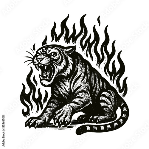 Fierce roaring tiger with flames in intricate black and white art.