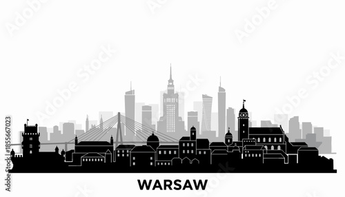 A black and white silhouette of the Warsaw skyline, showcasing modern skyscrapers and historic buildings against a white background.