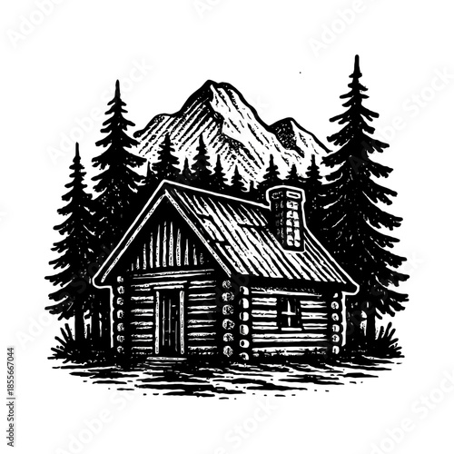 Rustic log cabin in mountainous forest landscape illustration.