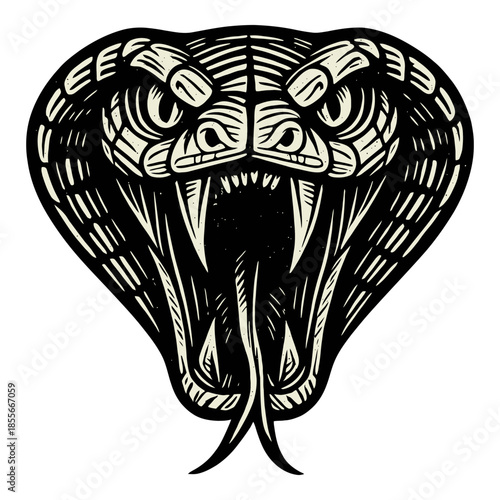 Intricate monochrome cobra head artwork with fierce expression.