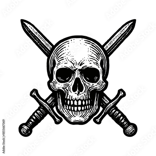 Vintage skull and swords emblem with crossed blades.