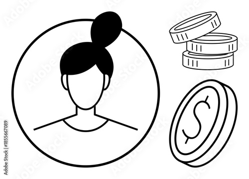 Personal finance, savings, digital economy, income, budgeting, currency. Female profile portrait in circular frame near coins and dollar icon. Personal finance and savings