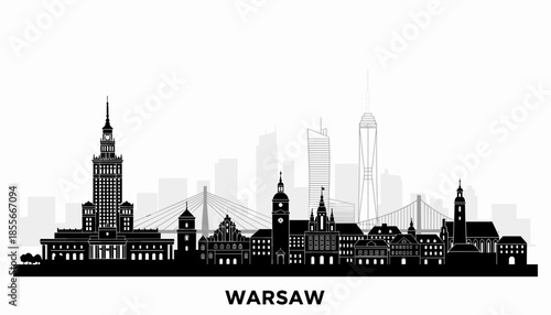 A detailed black and white silhouette skyline of Warsaw, Poland, showcasing iconic buildings and bridges against a bright sky.