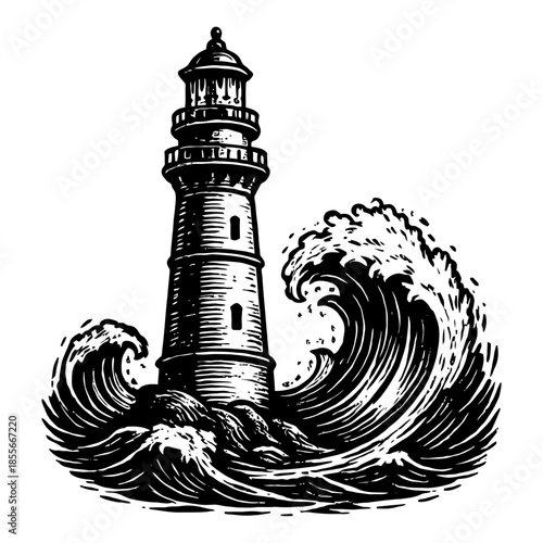 Monochrome vintage lighthouse amidst crashing ocean waves.