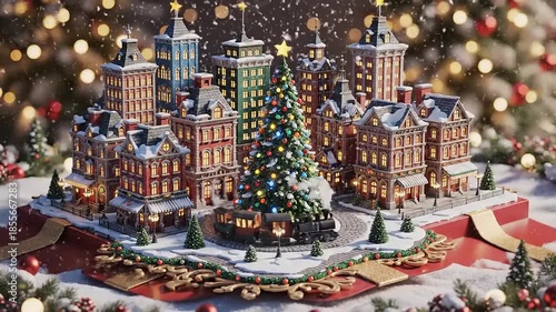 Magical Christmas Gift Box and Festive Village Scene.