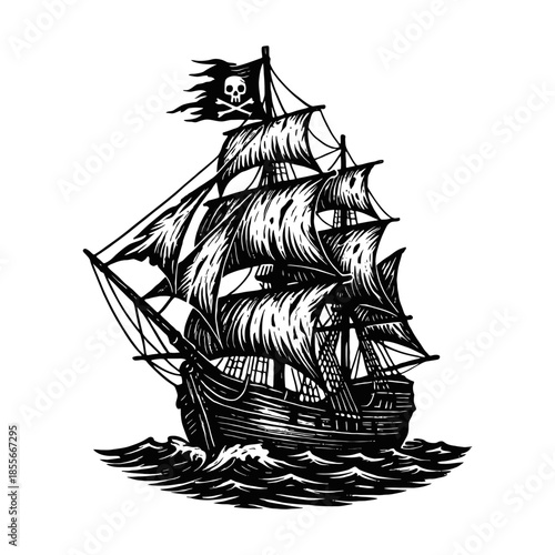 Vintage pirate ship with skull flag on turbulent sea in black and white drawing.