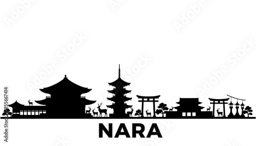 Silhouette skyline of Nara, Japan, featuring traditional temples, pagodas, torii gates, and deer.