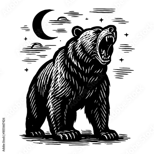 Illustration of a roaring bear under a crescent moon.