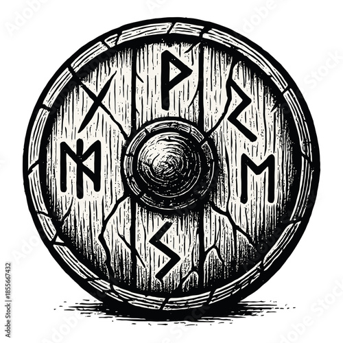 Viking shield with nordic runes and wooden texture.