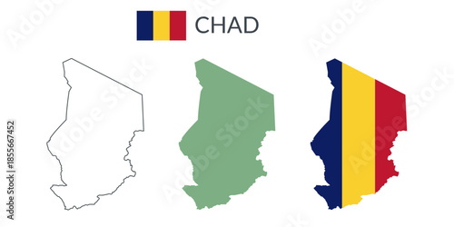 Chad geographical borders isolated on white background. Flag of Chad. Vector flat cliparts.