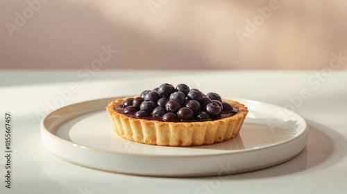 A modern dessert presentation of blueberry cheese pie with clean cuts, served on a minimalist white plate.