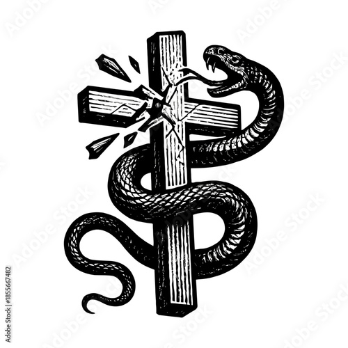 Snake coiled around cracked wooden cross with breaking effect.