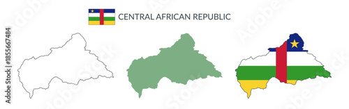 Central African Republic geographical borders isolated on white background. Flag of Central African Republic. Vector flat cliparts.