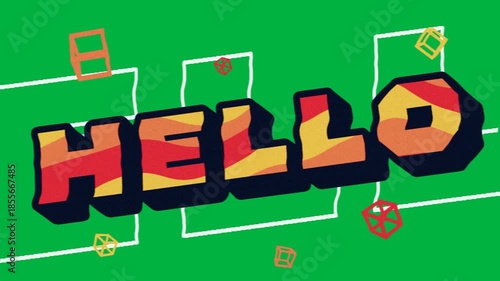 Animation of hello text in orange and red letters with cubes spinning on white background