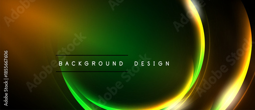 Abstract design features vibrant green, orange gradients. Smooth curves create dynamic visual effect. Text reads background design. Dark backdrop emphasizes luminosity.