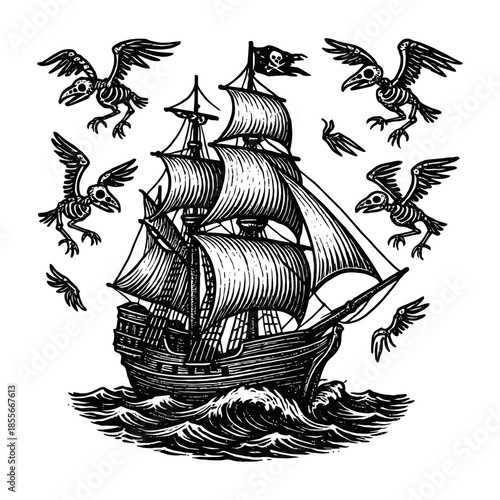 Haunted pirate ship sailing troubled seas with flying skeleton creatures.