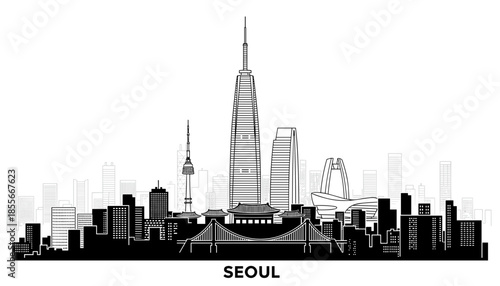 A striking black and white silhouette of the Seoul skyline, showcasing iconic landmarks and modern skyscrapers.